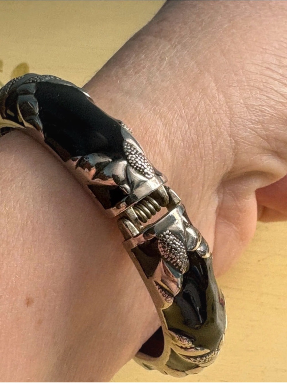 Ladies Black Silver-Tone Hinged Bracelet - Classic Snake Design